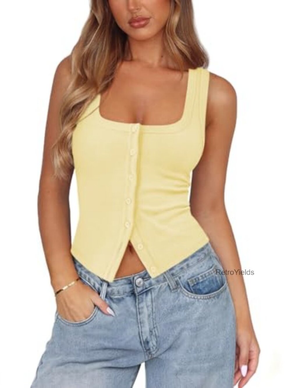Women's Ribbed Button-Up Square Neck Tank Top Sleeveless Slim Fit